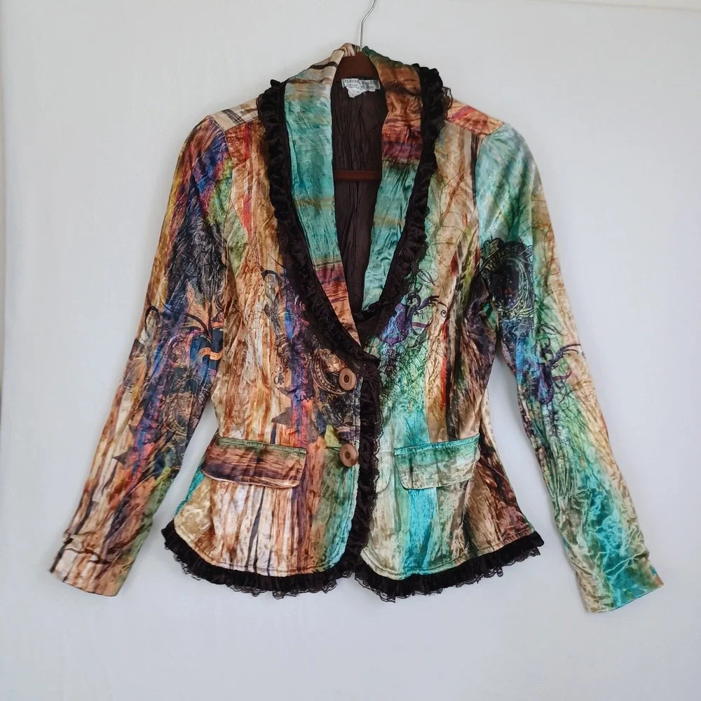Albert Makali Womens Artistic Abstract Print Ruffle Lace Trim Blazer Jacket M